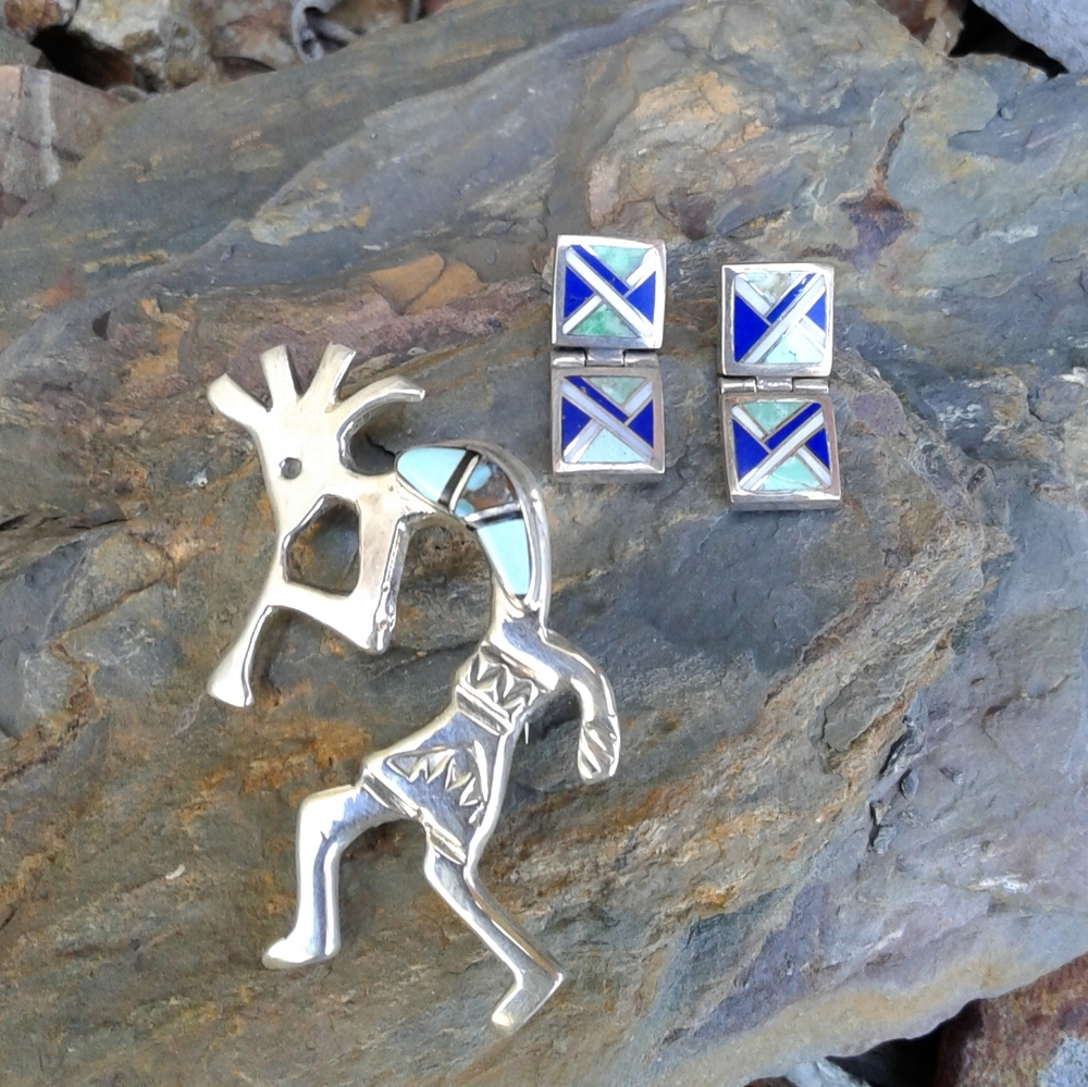 Sterling Silver SIGNED Inlaid Kokopelli Set